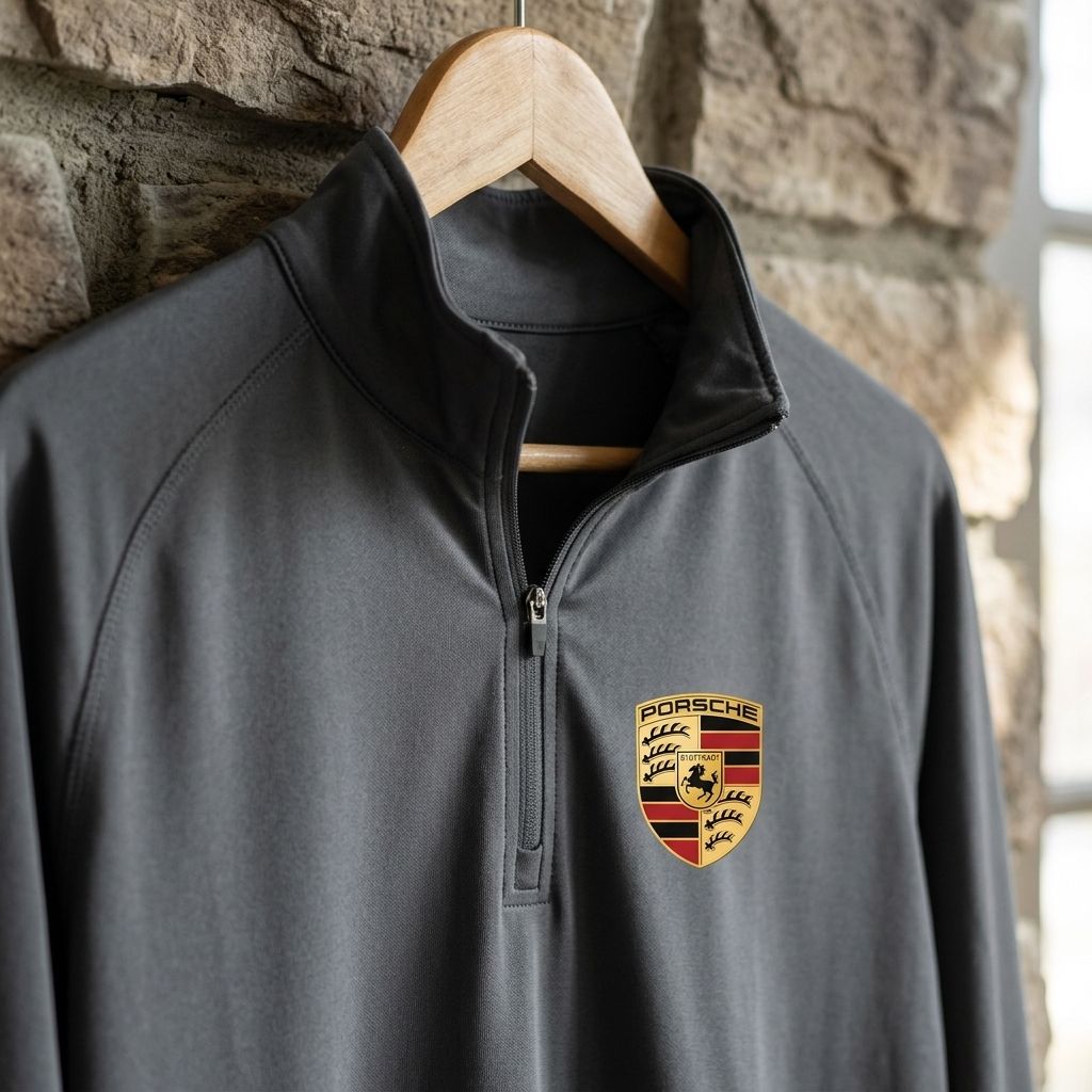 Close-up of men's Porsche lightweight quarter-zip athletic shirt on wooden hanger, highlighting fabric texture and stitching.