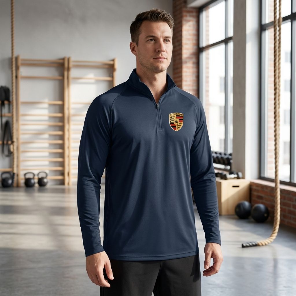 Men’s Porsche lightweight quarter-zip athletic shirt worn by a male model in a modern gym, highlighting the sleek fit and breathable fabric.
