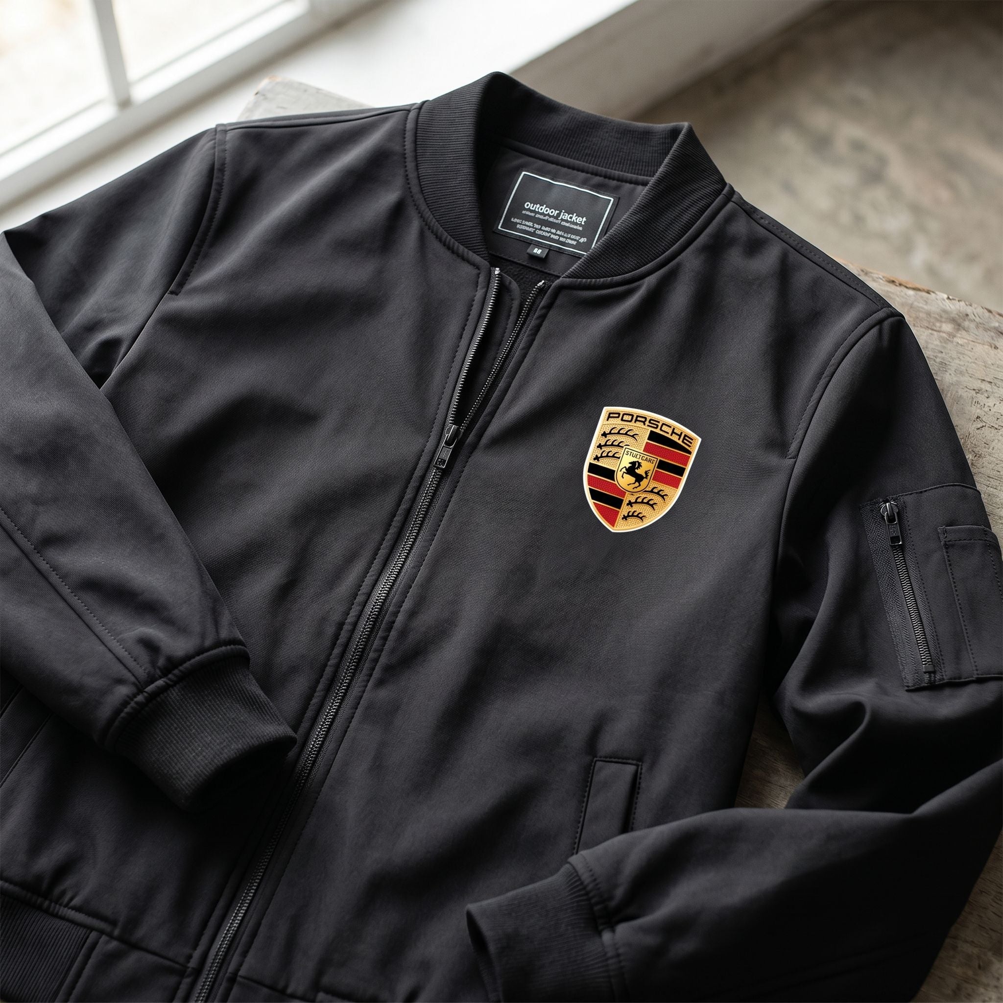 Close-up of men's Porsche lightweight bomber jacket showcasing textured softshell fabric and ribbed details.