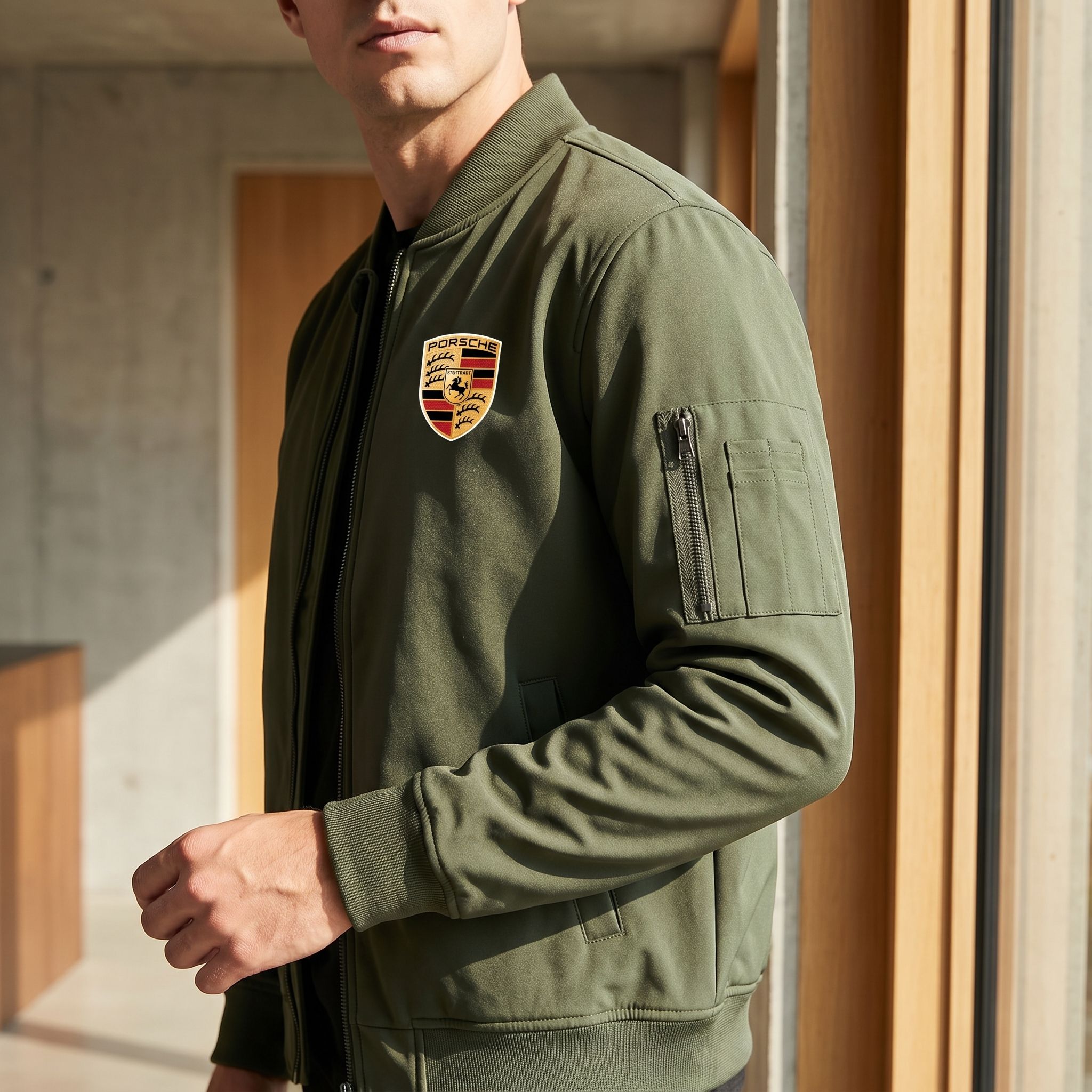 Close-up of men's Porsche lightweight bomber jacket highlighting softshell fabric and sleek design.