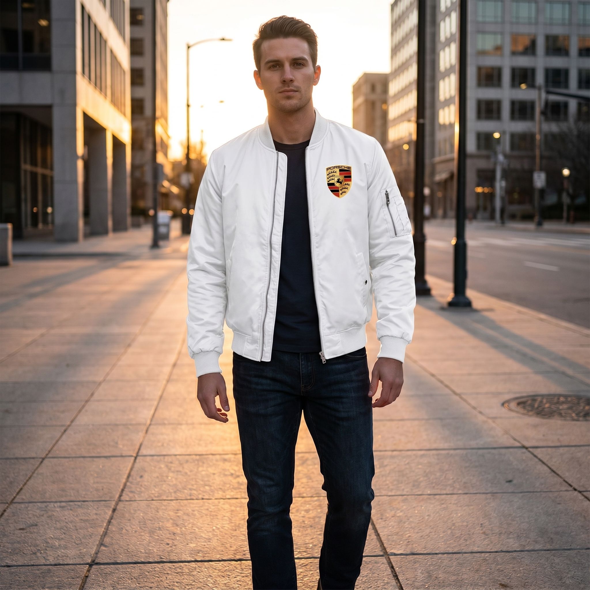 Full-body view of male model wearing Porsche bomber jacket on city sidewalk with sunset glow.
