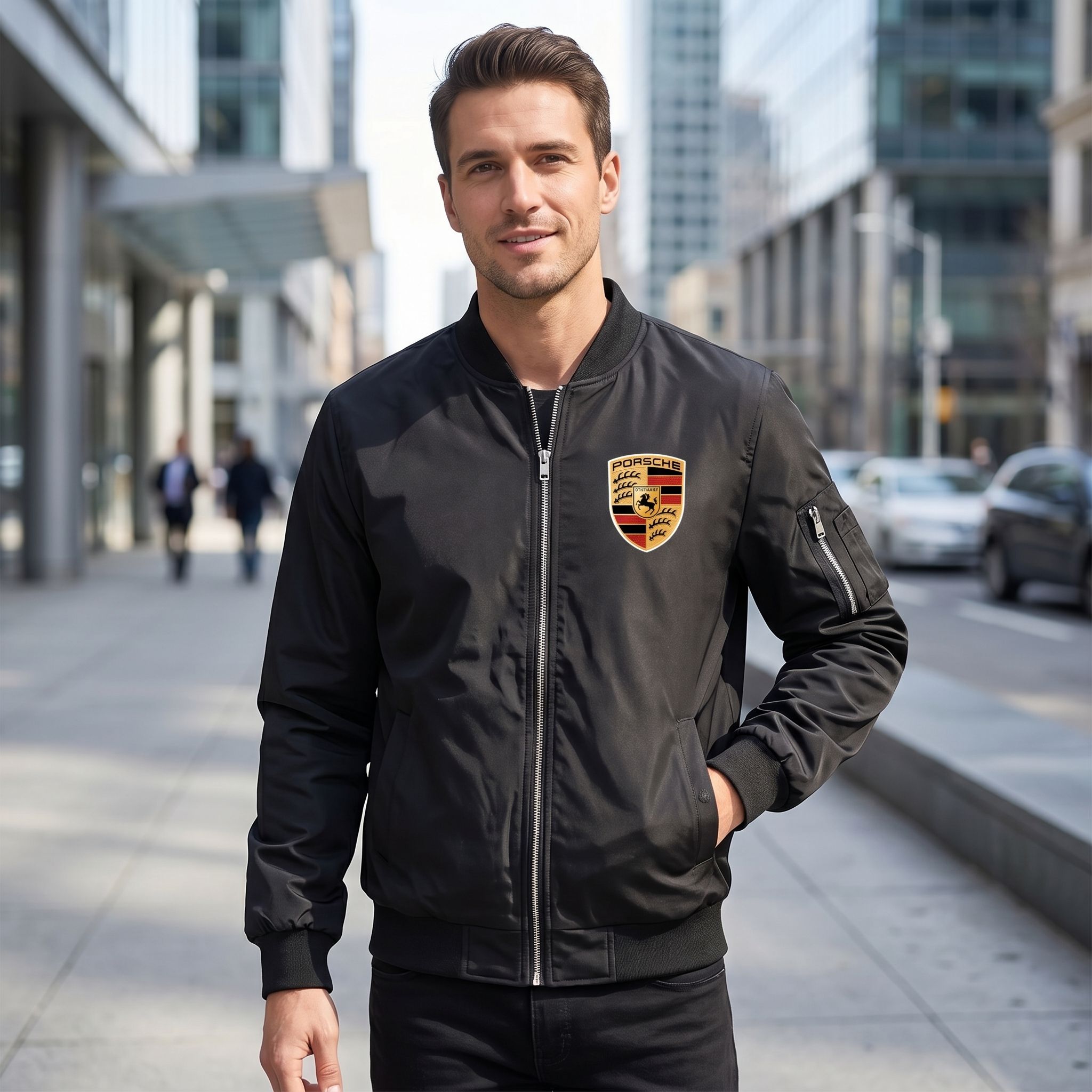Full-body view of male model wearing Porsche bomber jacket in urban setting highlighting casual style and breathability.