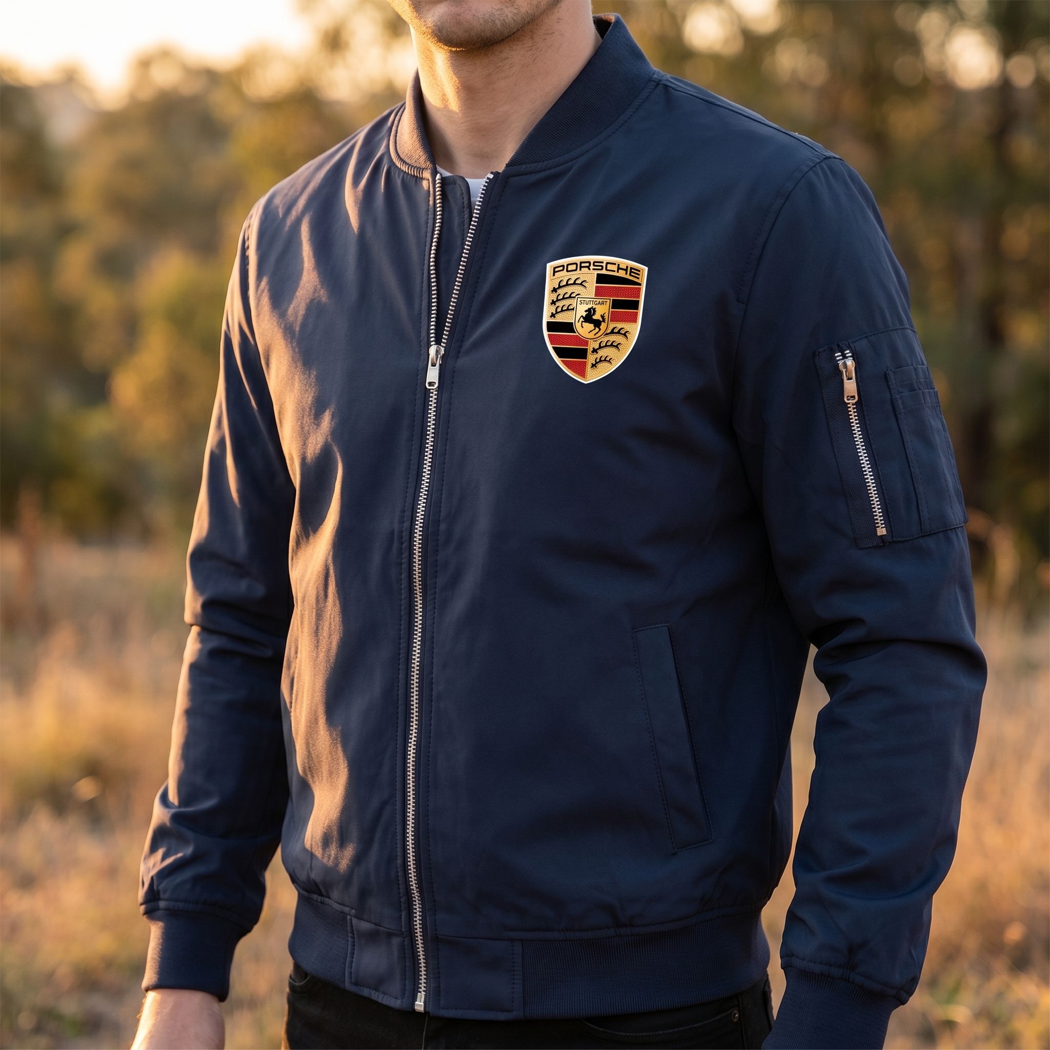Close-up of men's Porsche lightweight bomber jacket on male model outdoors during golden hour, highlighting texture and fitted silhouette.