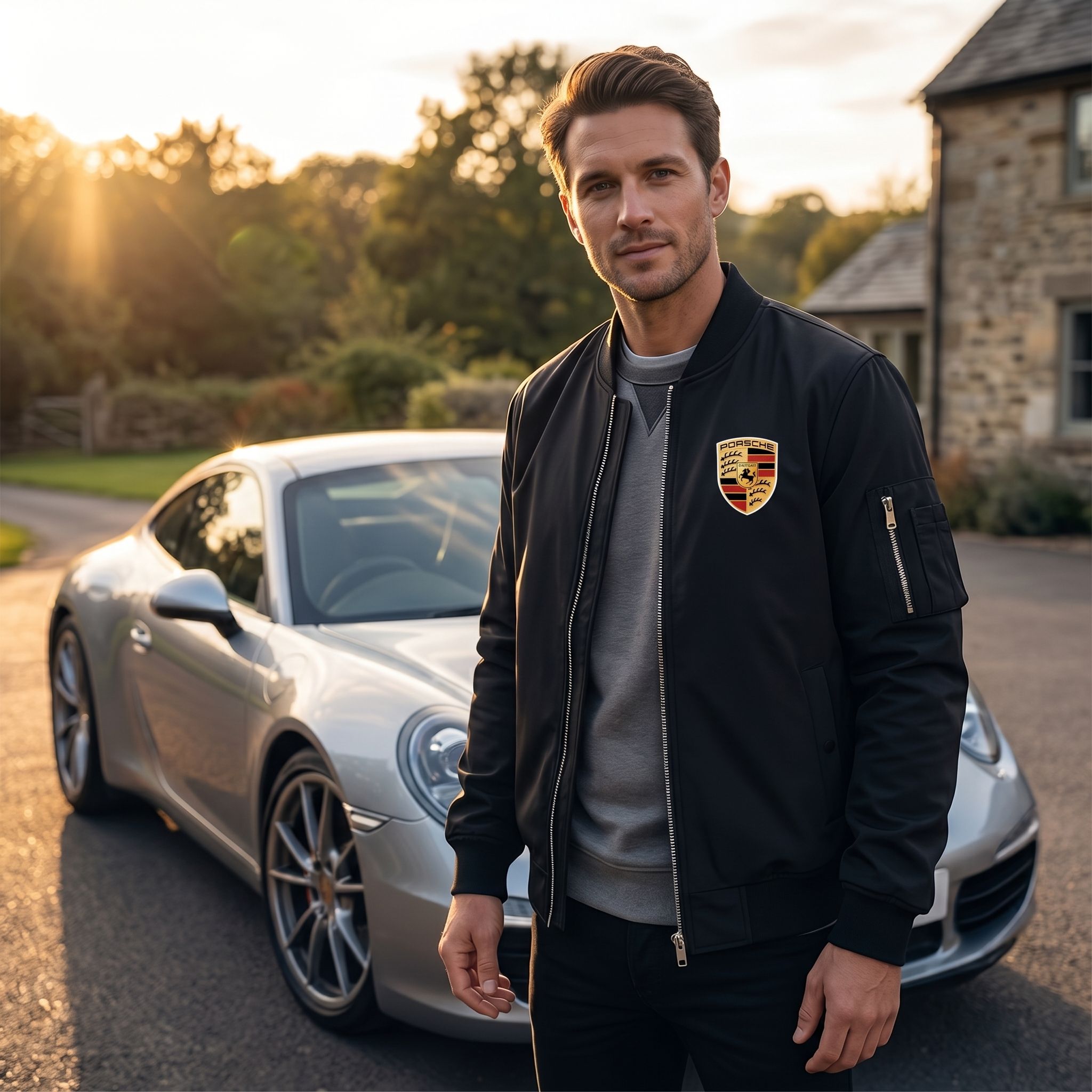 Model wearing Porsche bomber jacket during golden hour beside sports car, highlighting outdoor streetwear fashion.