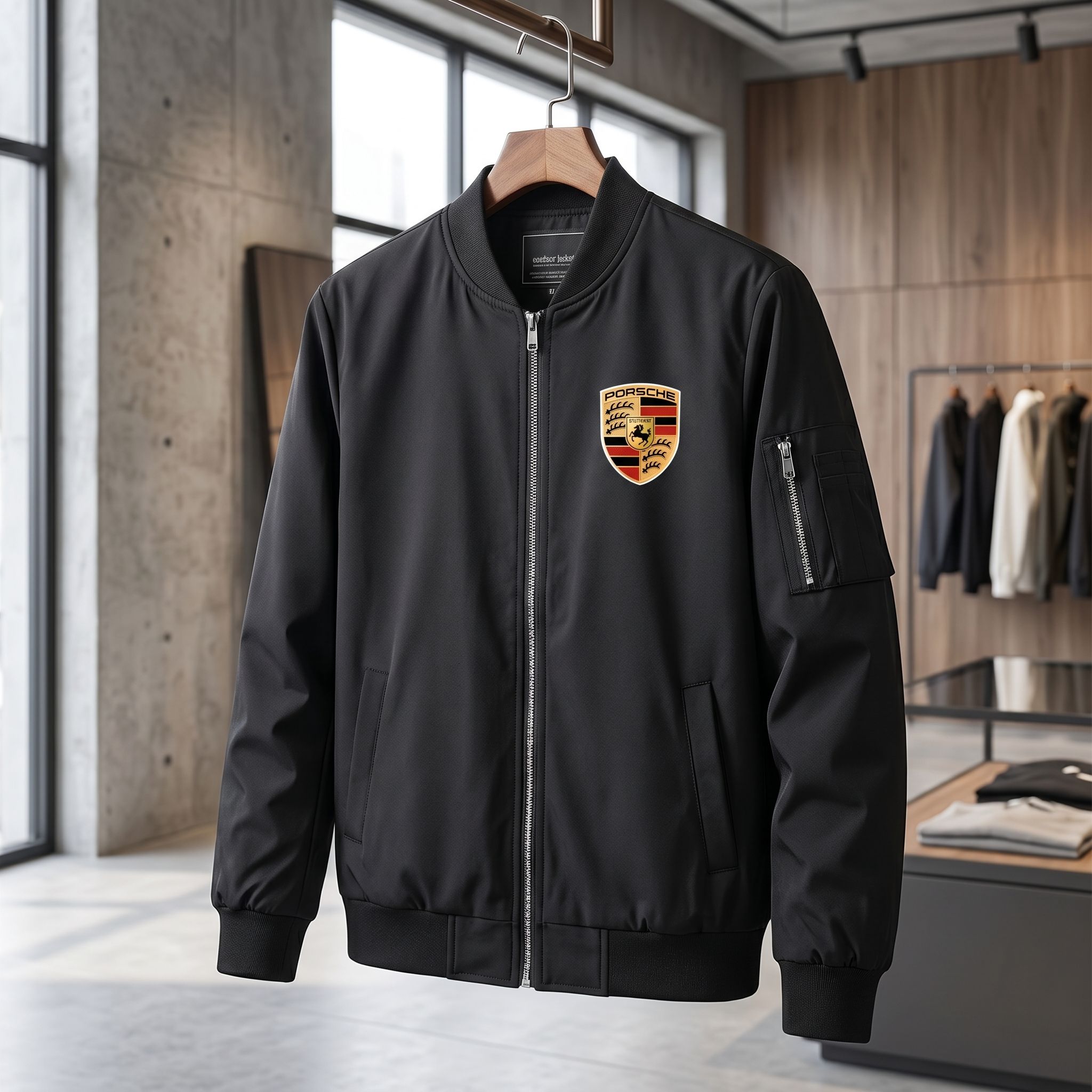 Profile shot of Porsche bomber jacket on hanger in stylish retail environment emphasizing slim fit and fabric texture.