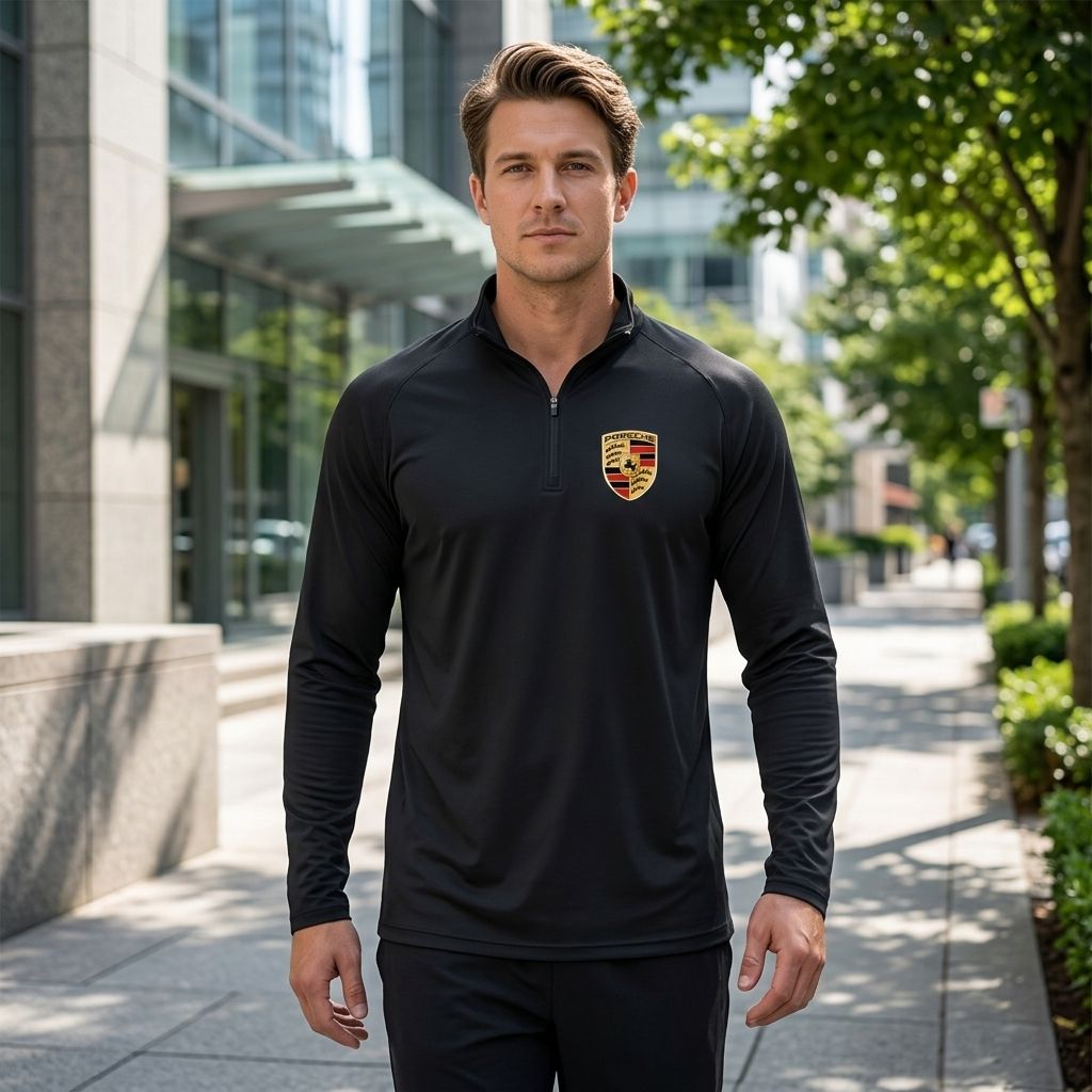Male model wearing men's Porsche athletic shirt outdoors on a city sidewalk, emphasizing its snug fit and breathable fabric.