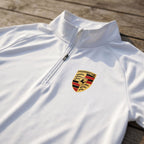Close-up of men's lightweight polyester athletic shirt showcasing breathable fabric and sleek zipper.