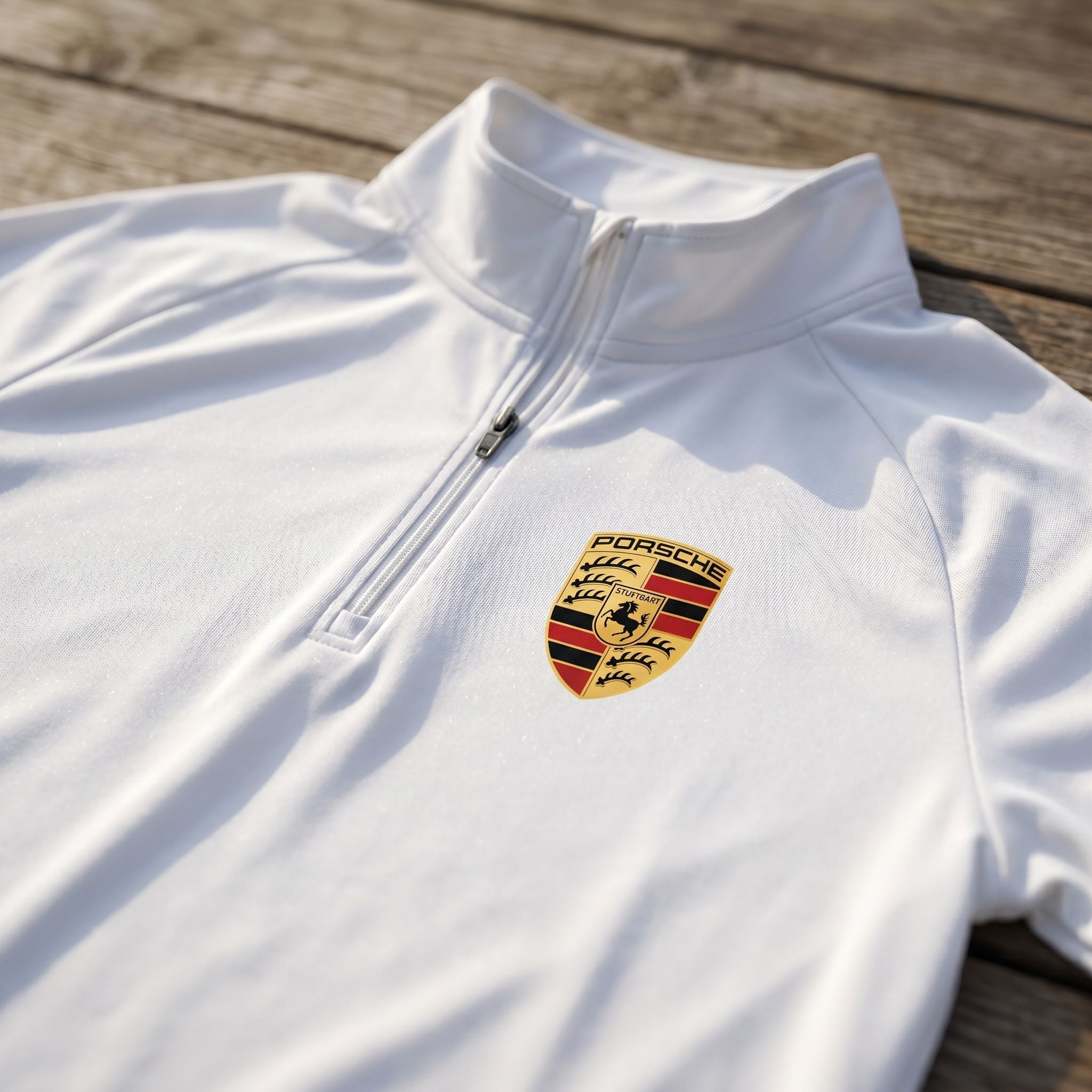Close-up of men's lightweight polyester athletic shirt showcasing breathable fabric and sleek zipper.