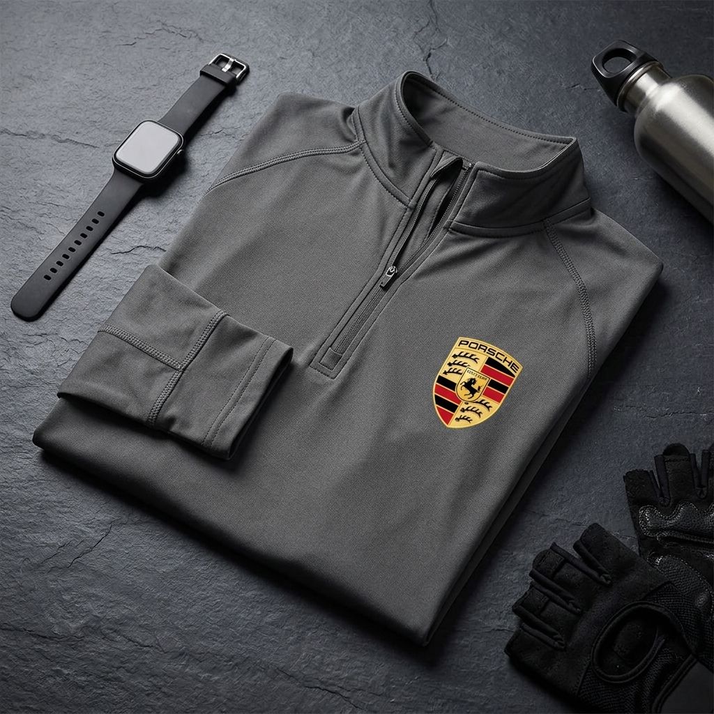Flat lay of Porsche men's athletic shirt on dark textured surface with fitness accessories, emphasizing fabric details.