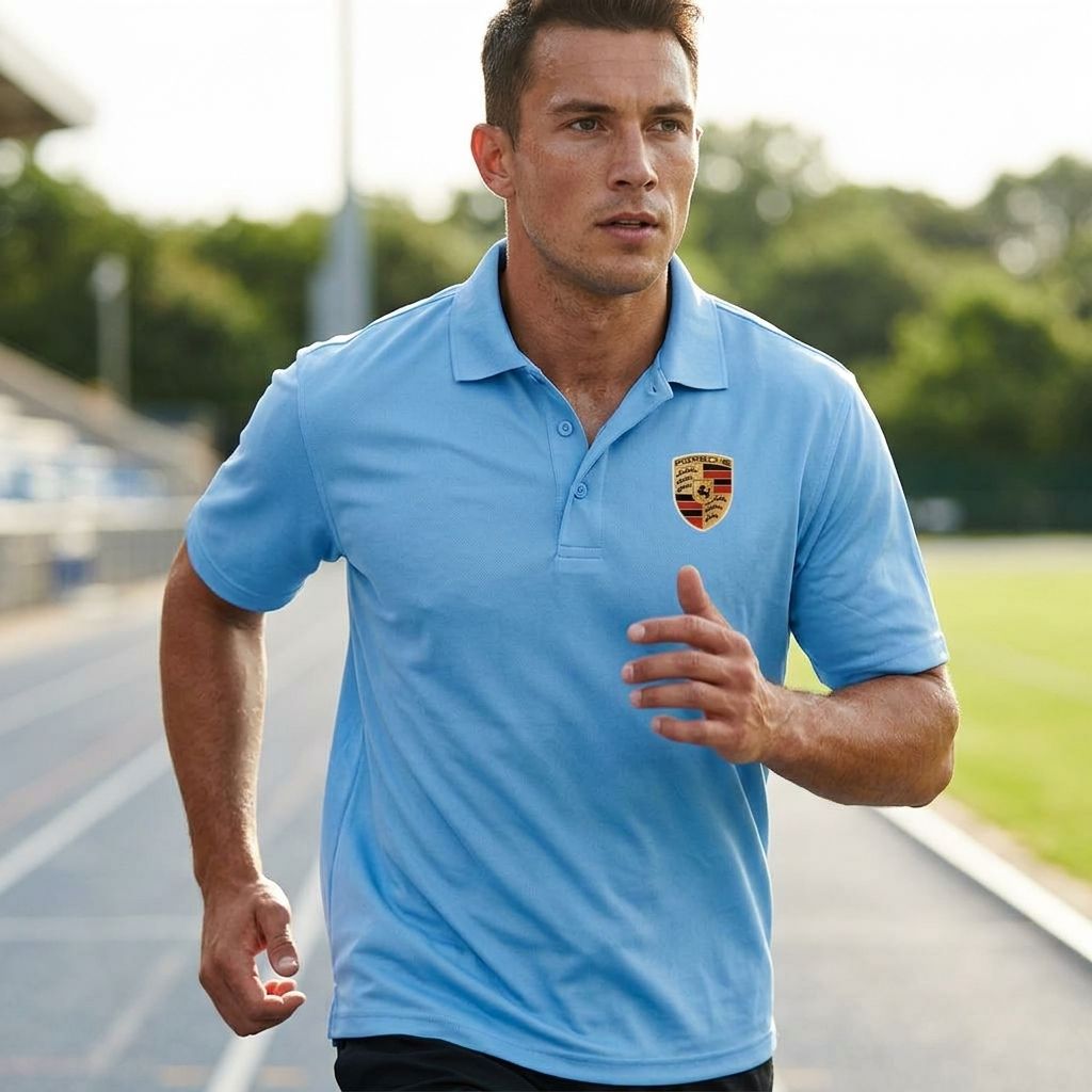 Sporty male athlete running in bright daylight wearing navy Porsche polyester polo, emphasizing breathability and performance features.