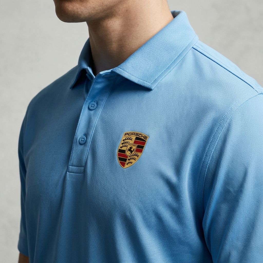 Close-up of men's Porsche polyester polo showing collar and stitching details, set against a textured light gray background.