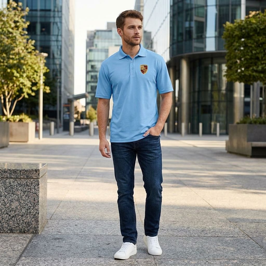 Full-body of male model in navy Porsche polyester polo standing outdoors with cityscape background, showcasing the sporty fit and casual style.
