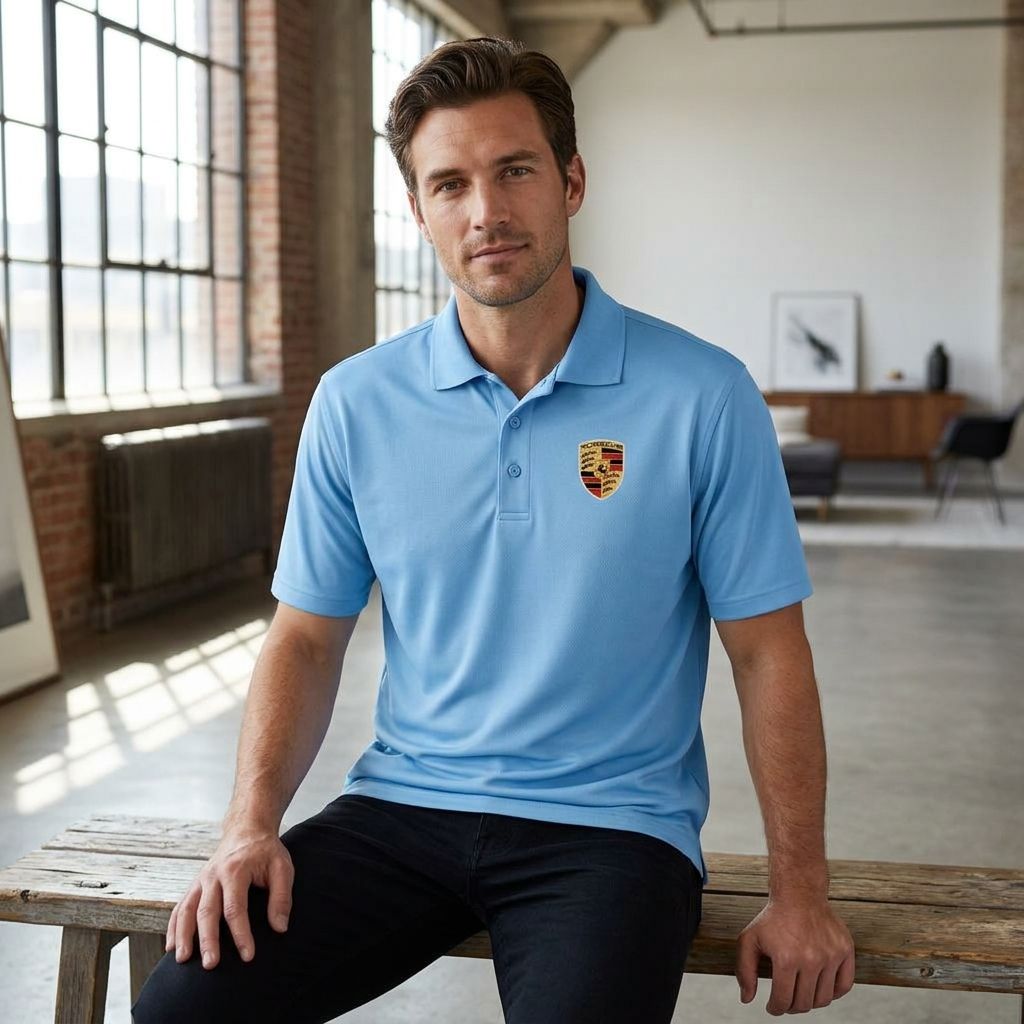 Men in white Porsche polyester polo sitting in a modern loft with natural light, highlighting the fabric's smooth texture and versatile style.