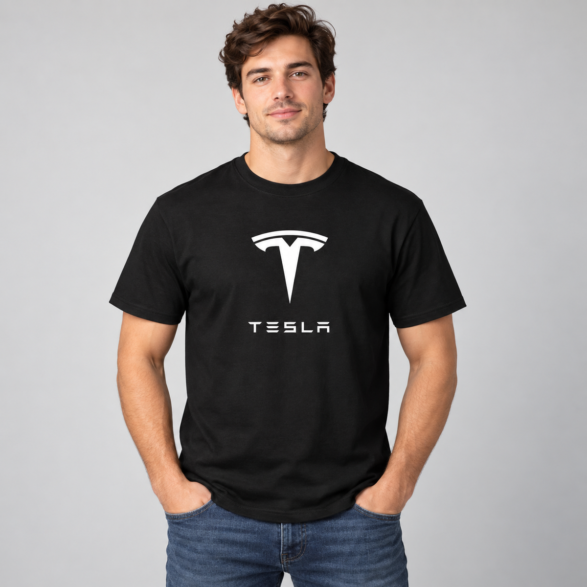 Men’s Tesla Motorsports Car Cotton T-Shirt | Color: Black | Image 2
