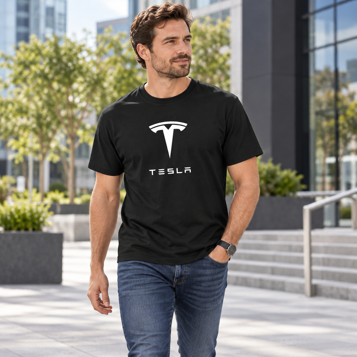 Men’s Tesla Motorsports Car Cotton T-Shirt | Color: Black | Image 3