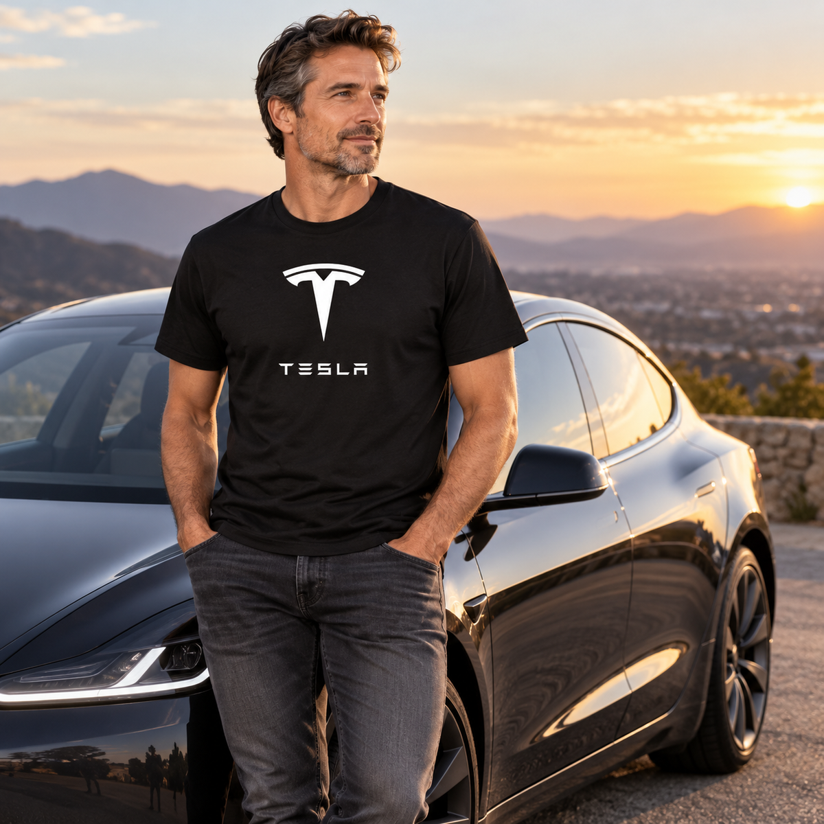 Men’s Tesla Motorsports Car Cotton T-Shirt | Color: Black | Image 4