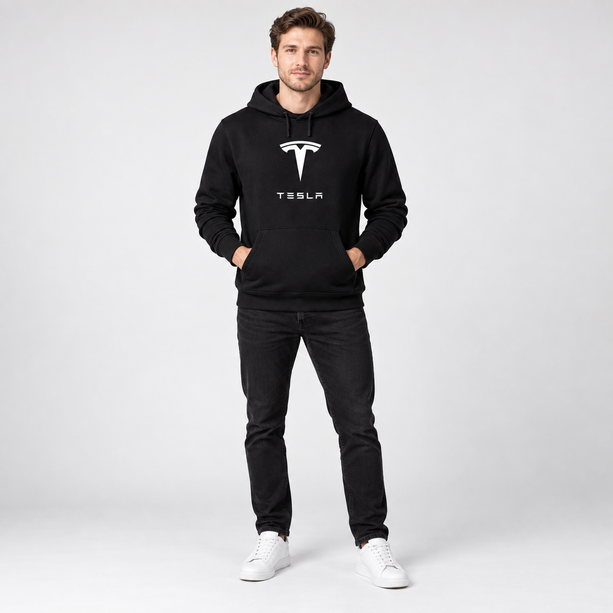 Men’s Tesla Motorsports Car Pullover Hoodie | Color: Black | Image 2