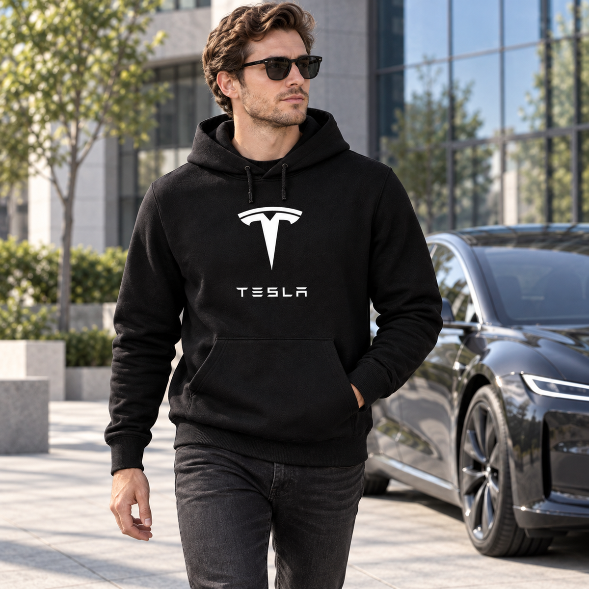 Men’s Tesla Motorsports Car Pullover Hoodie | Color: Black | Image 3