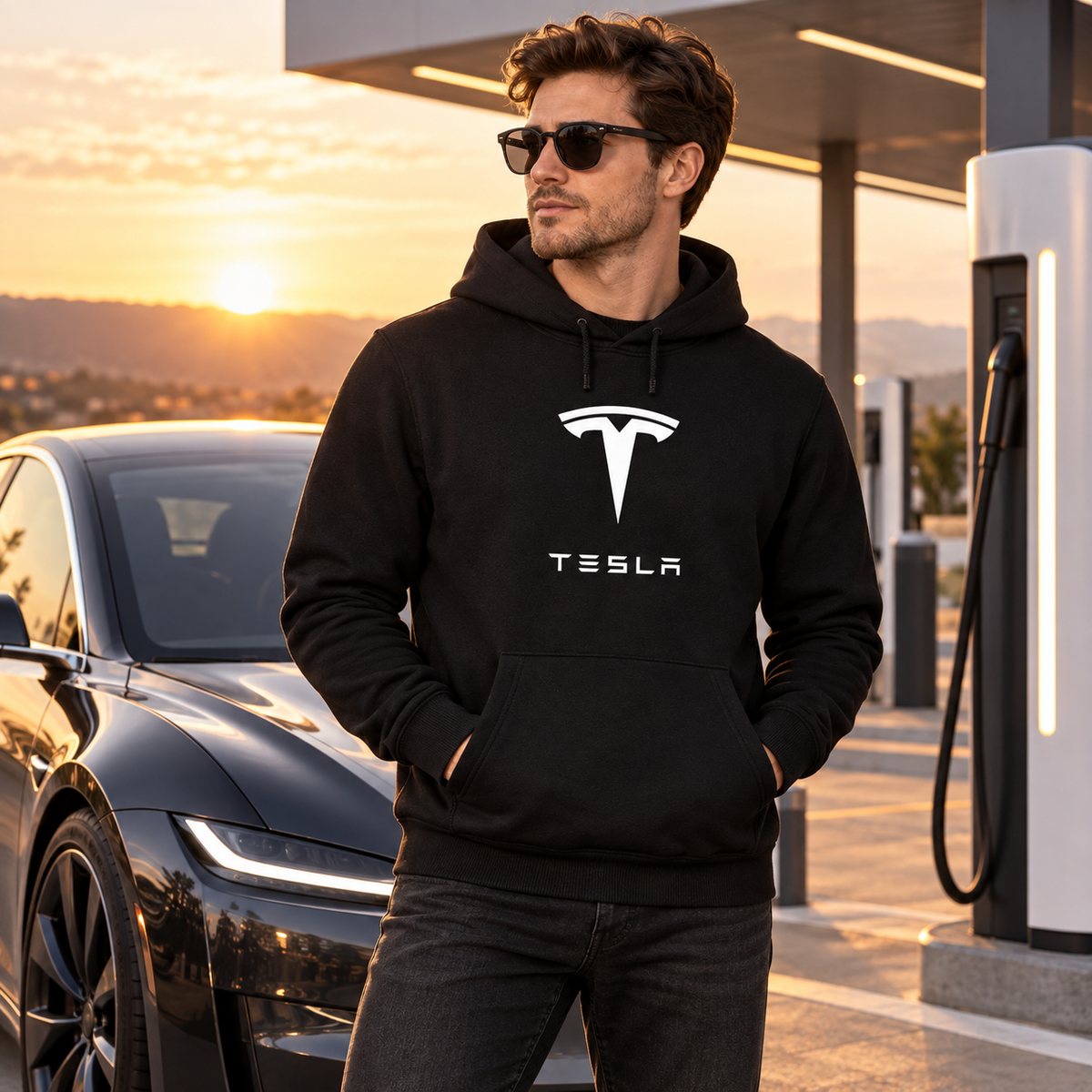 Men’s Tesla Motorsports Car Pullover Hoodie | Color: Black | Image 4