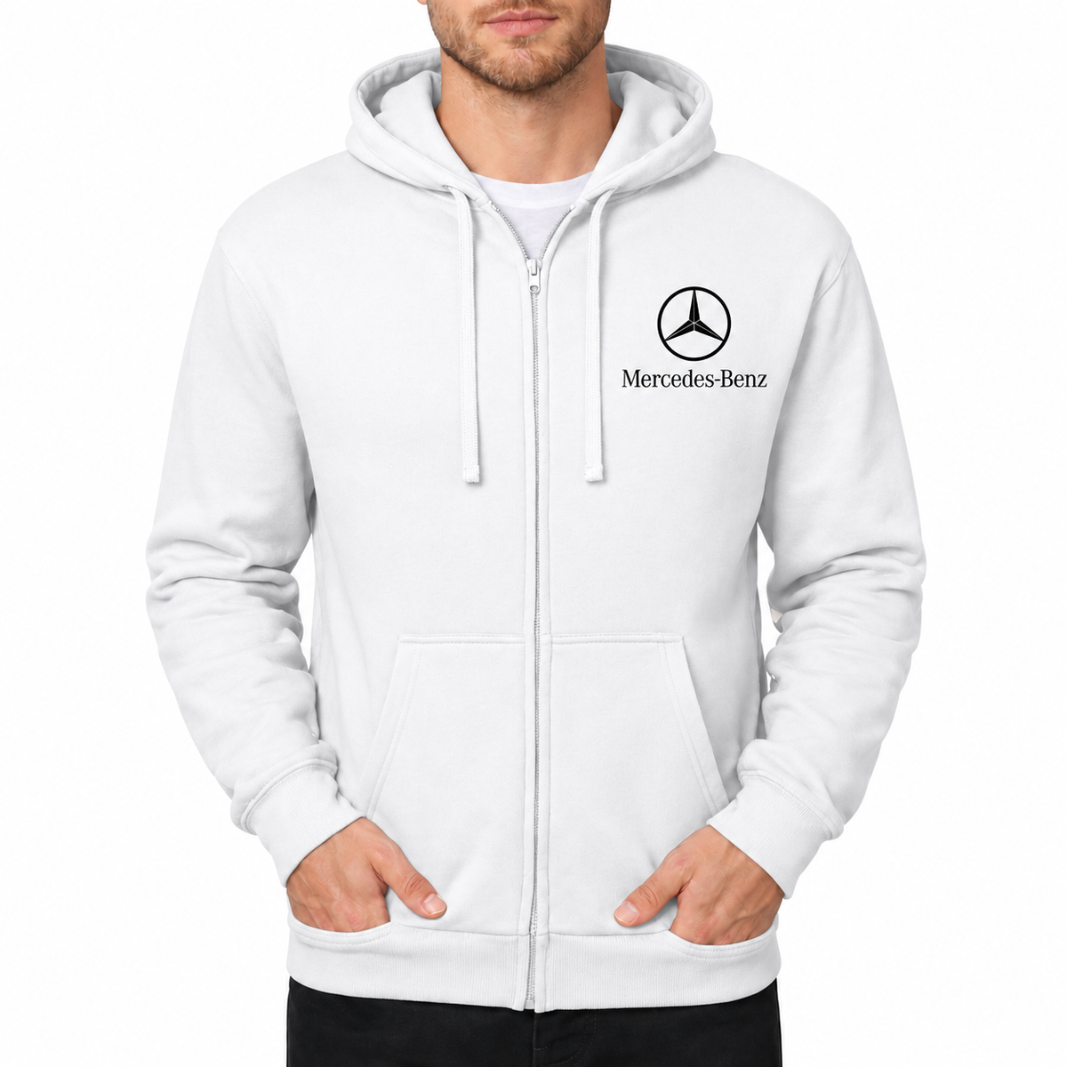Mercedes-Benz Luxury White zipper hoodie front left chest heat transfer