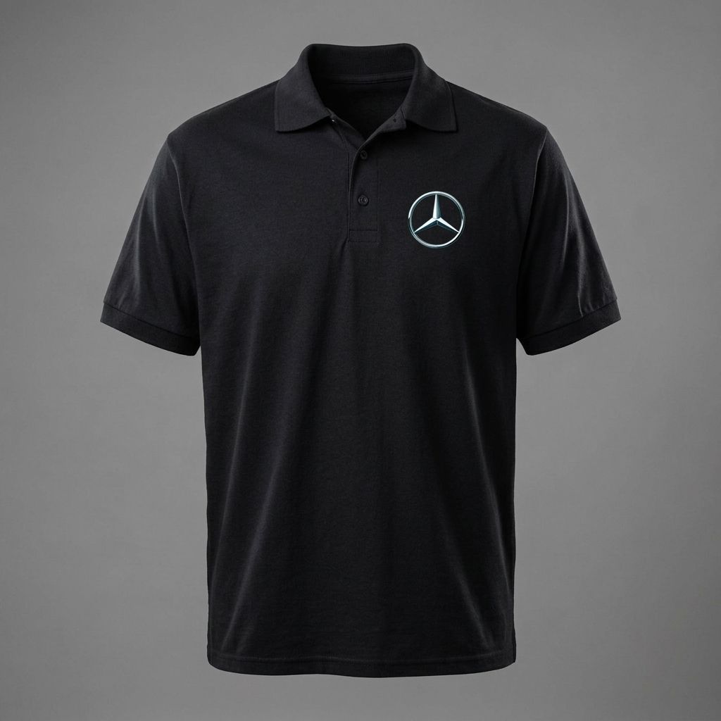 Studio shot of men's Mercedes-Benz polo on a mannequin, showing fabric texture, collar, and button details under neutral lighting.