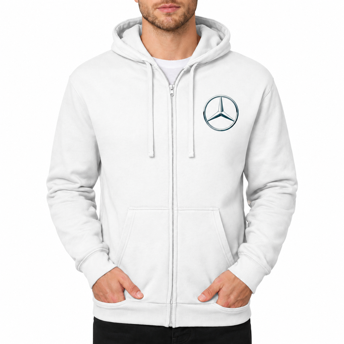 Mercedes-Benz New White zipper hoodie front left chest heat transfer
