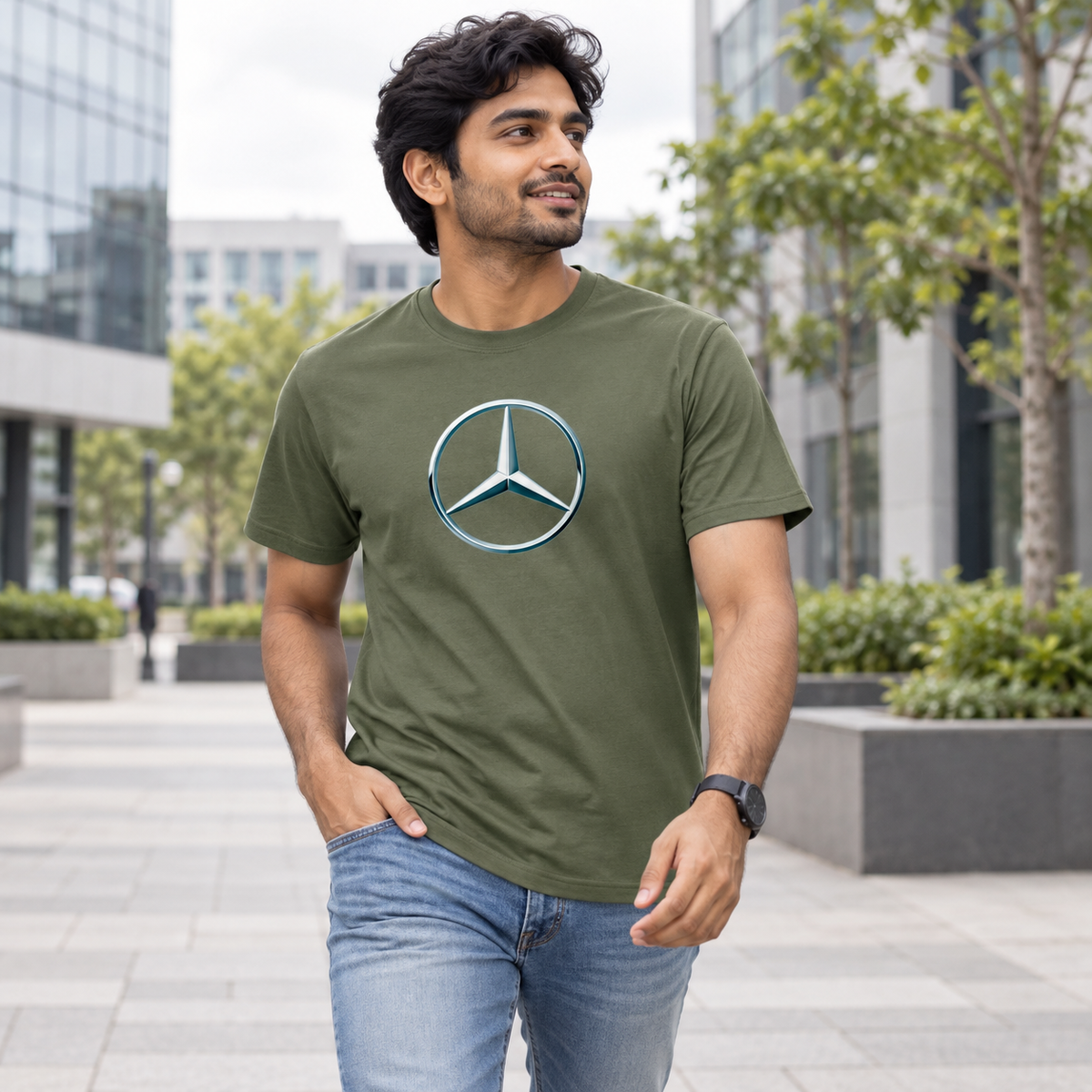 Men's Mercedes-Benz New Car Cotton T-Shirt | Color: Army Green | Image 3