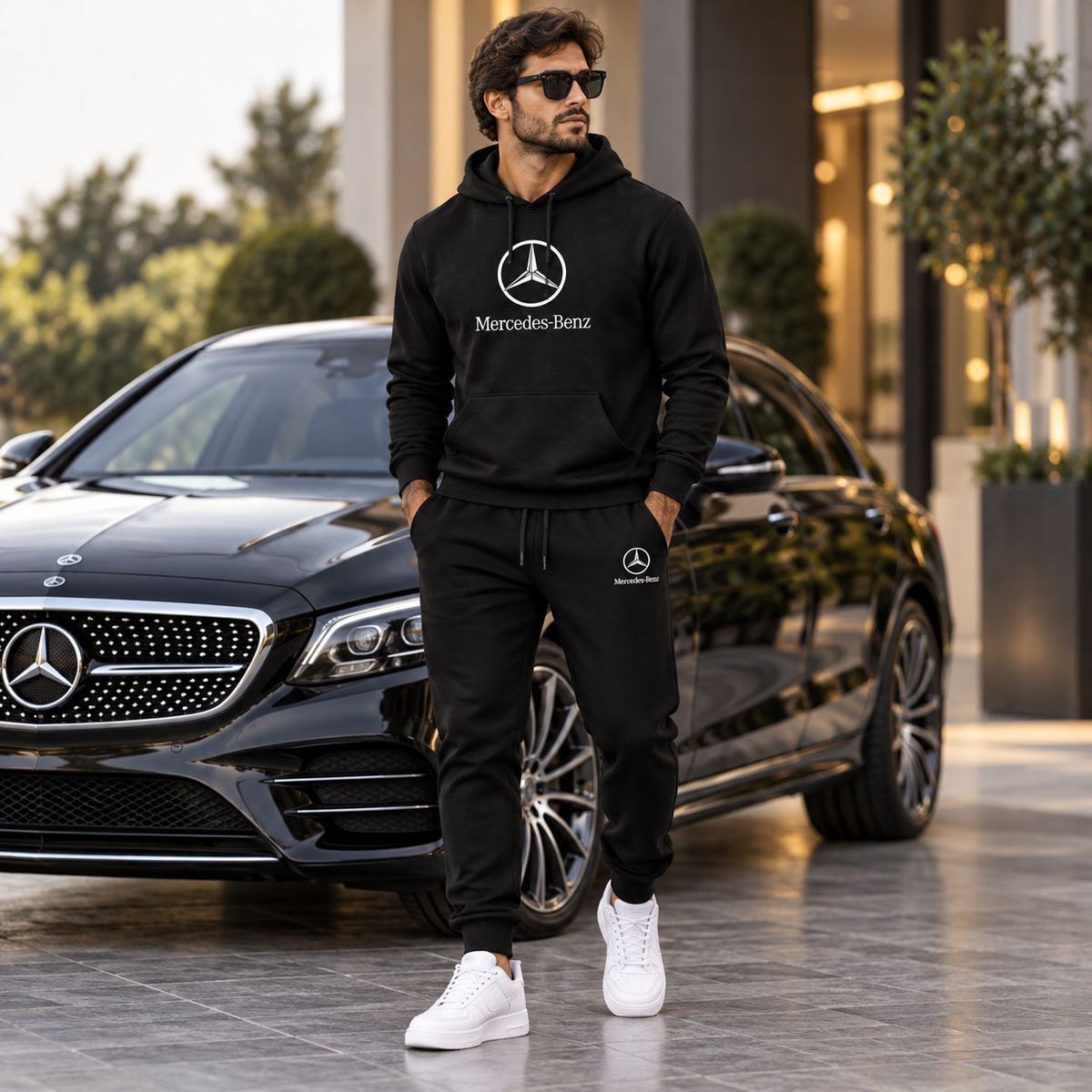 Men’s Mercedes-Benz Luxury Car Hoodie Joggers Set | Color: Black | Image 2