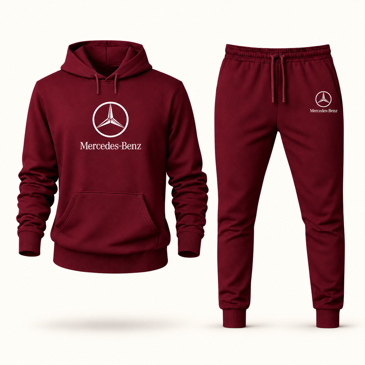 Men’s Mercedes-Benz Luxury Car Hoodie Joggers Set | Color: Burgundy | Image 1