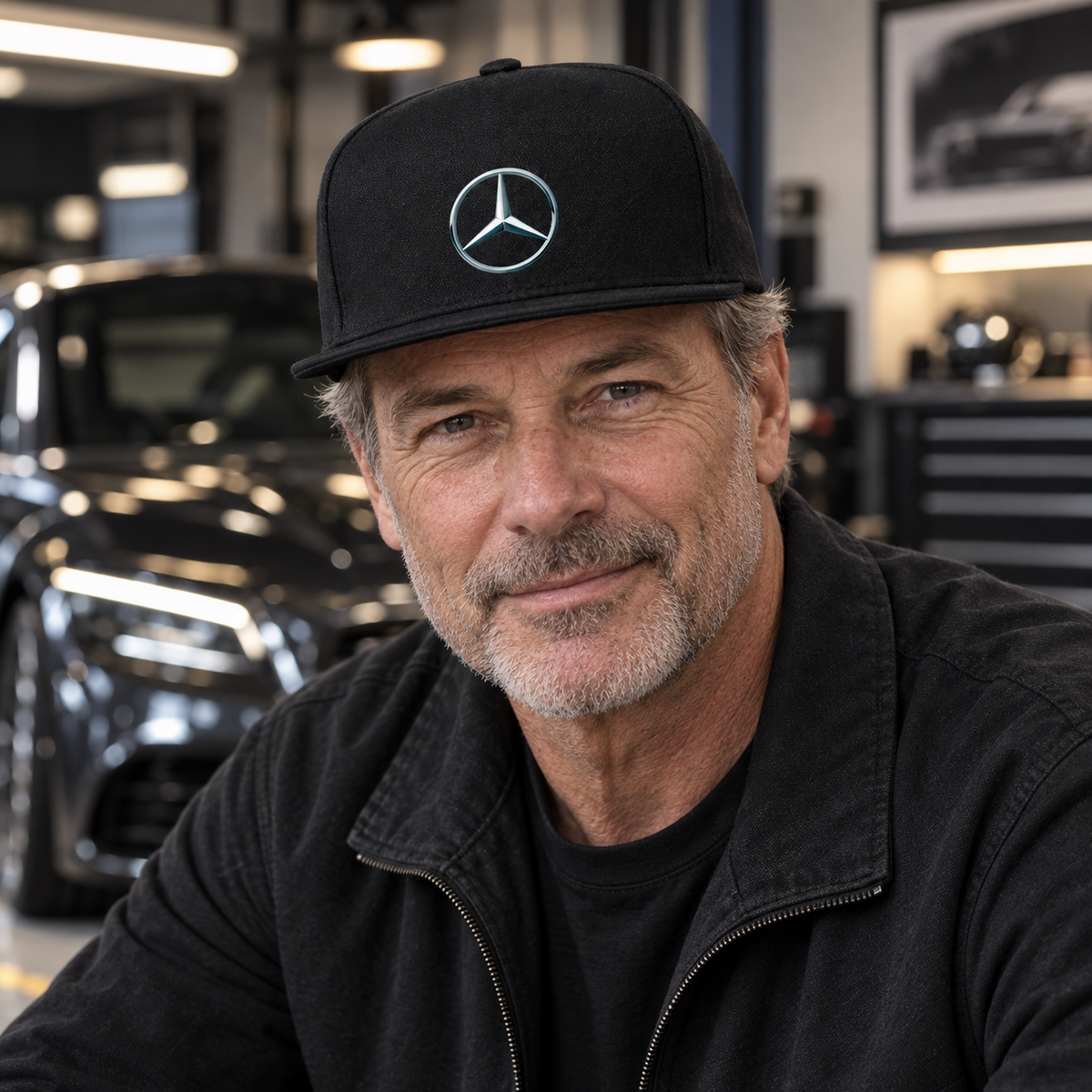 Mercedes-Benz Car NEW Snapback Hat | Color: Black | Image 4 | Outdoor Portrait