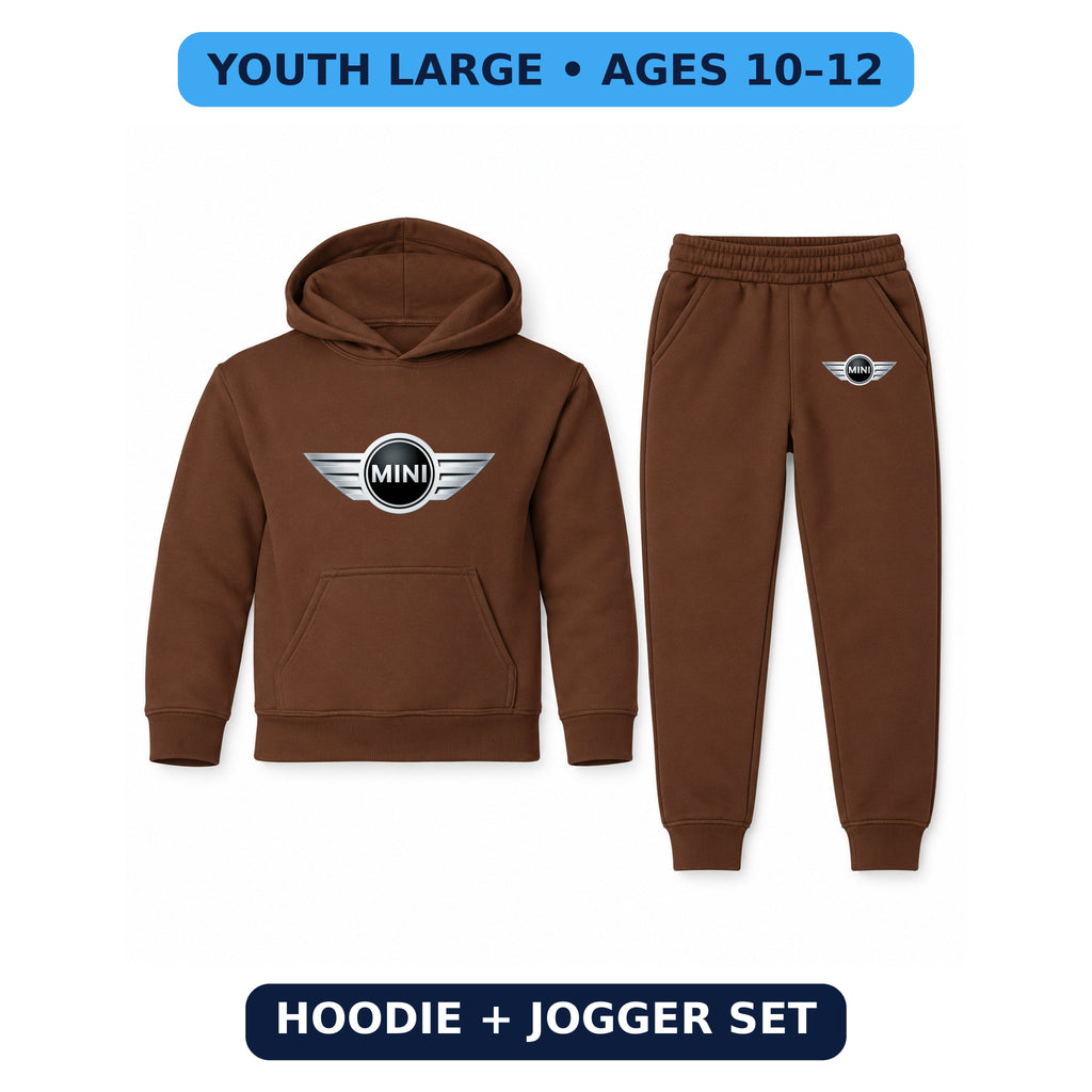 Mini Cooper youth hoodie jogger set, Brown, Youth Large ages 10–12