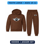 Mini Cooper youth hoodie jogger set, Brown, Youth Large ages 10–12
