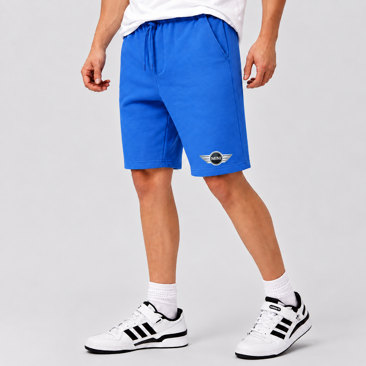 Mini Cooper fleece shorts Azure front logo near left hem