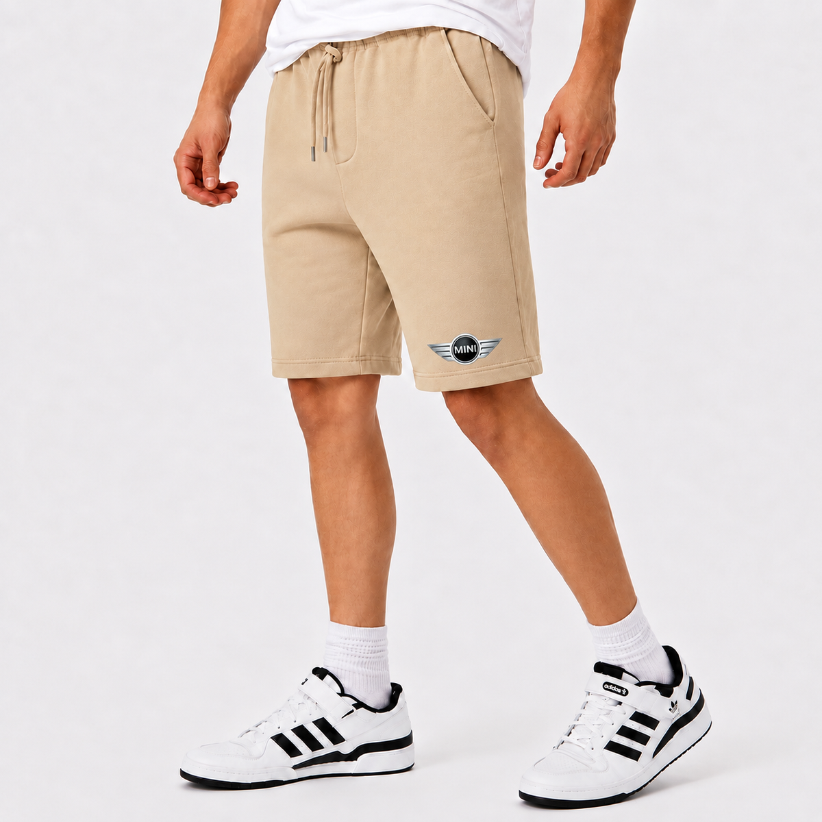 Mini Cooper fleece shorts Beige front logo near left hem
