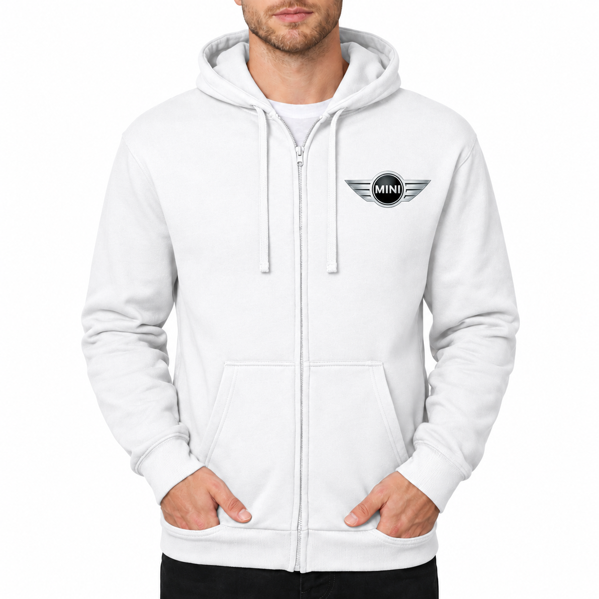 Mini Cooper White zipper hoodie front left chest heat transfer