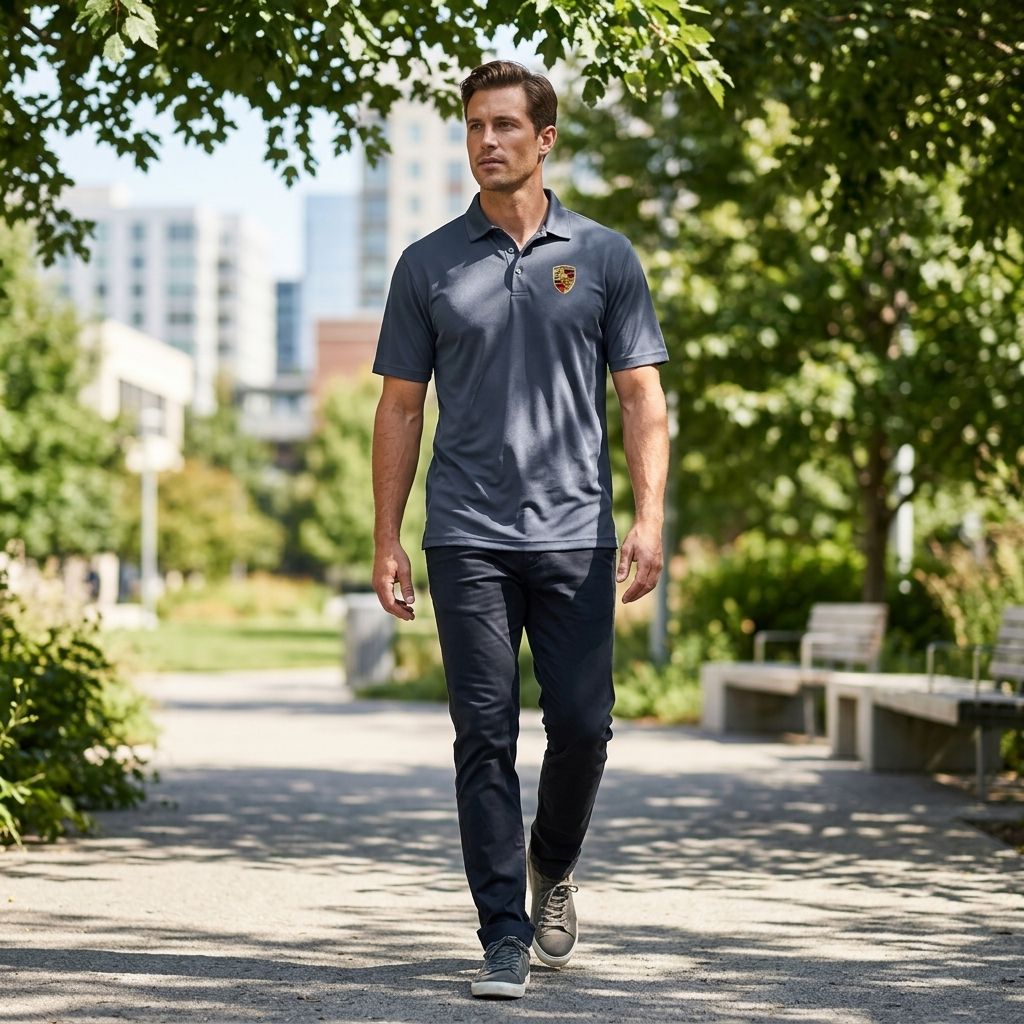 Candid outdoor shot of man in navy Porsche polyester polo walking in a park, showcasing fit and breathable fabric in natural environment.