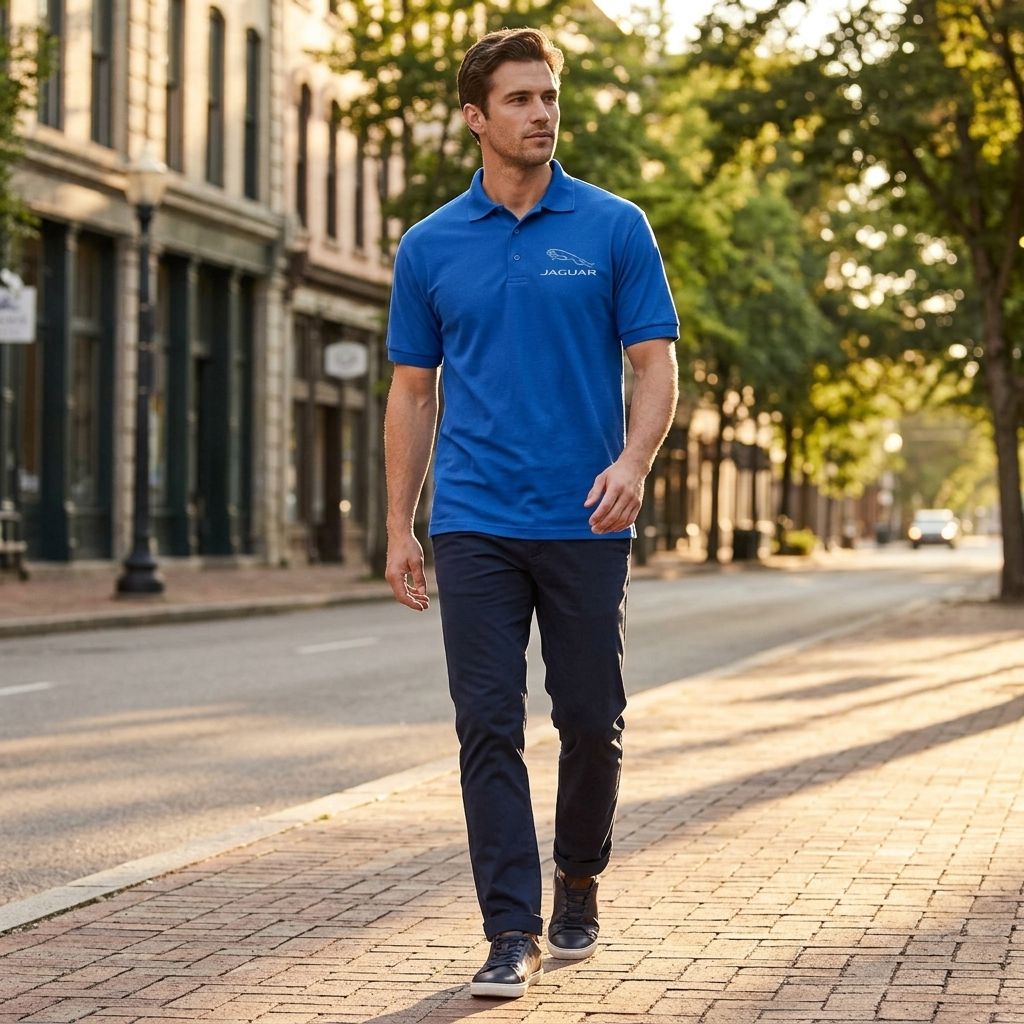 Male model in motion wearing Men’s Jaguar Symbol Polo on a tree-lined street during golden hour, emphasizing comfort and fit.