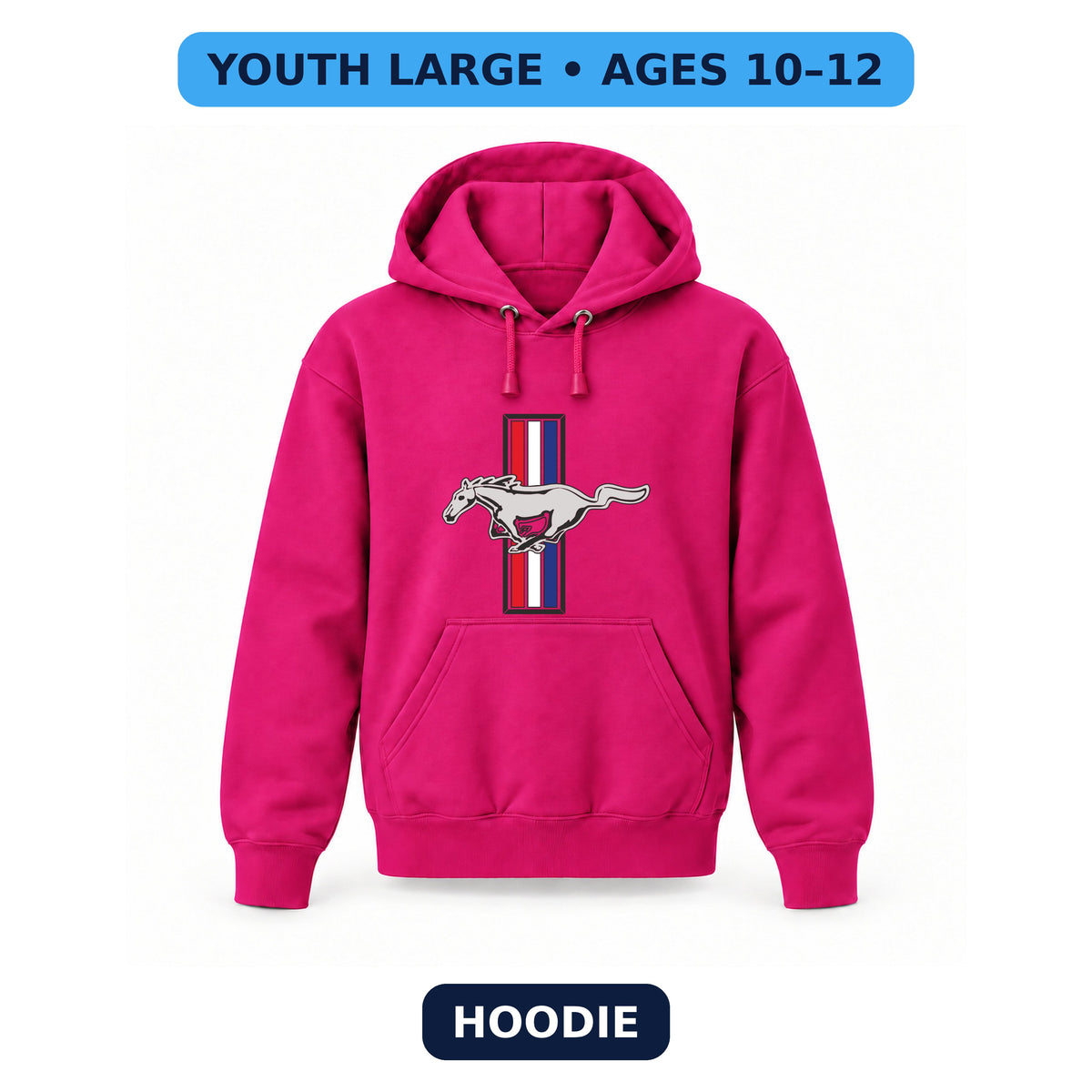Mustang - Youth Large Hoodie (Ages 10–12) | Color: Hot Pink