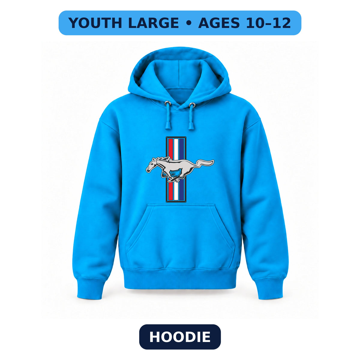 Mustang - Youth Large Hoodie (Ages 10–12) | Color: Turquoise