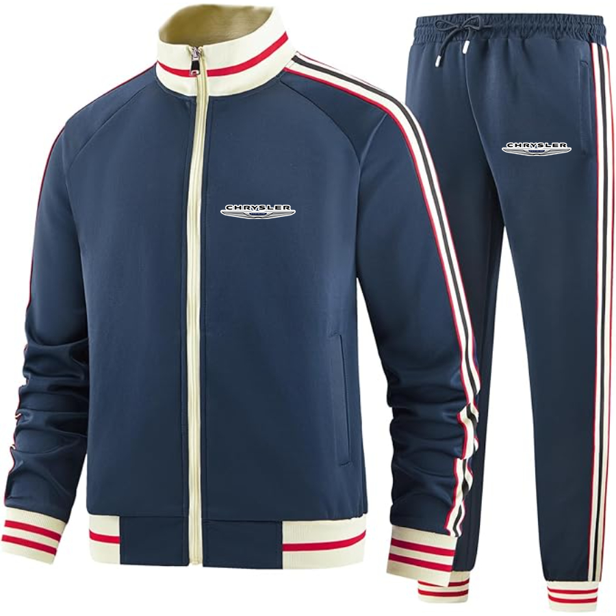 Men's Chrysler Car - Premium Two-Piece Designer Tracksuit with Bold Striped Accents and Zippered Front - Elevated Athletic Wear