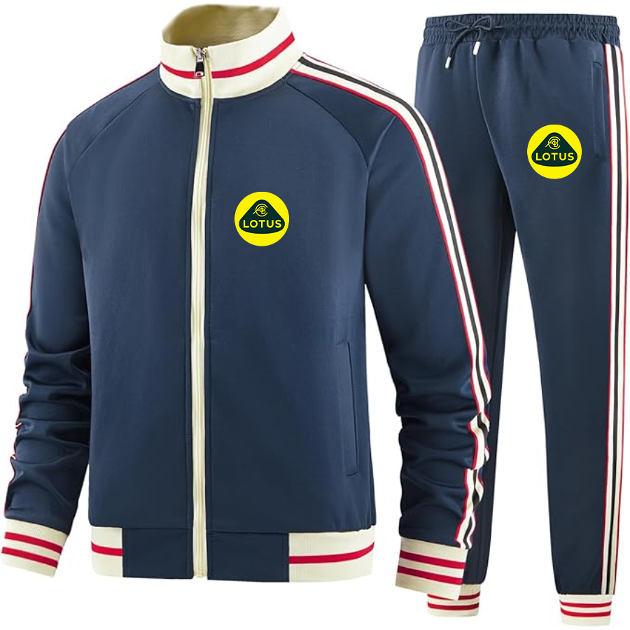 Men's Lotus Car - Premium Two-Piece Designer Tracksuit with Bold Striped Accents and Zippered Front - Elevated Athletic Wear