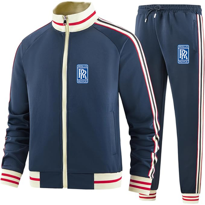 Men's Rolls Royce Car - Premium Two-Piece Designer Tracksuit with Bold Striped Accents and Zippered Front - Elevated Athletic Wear