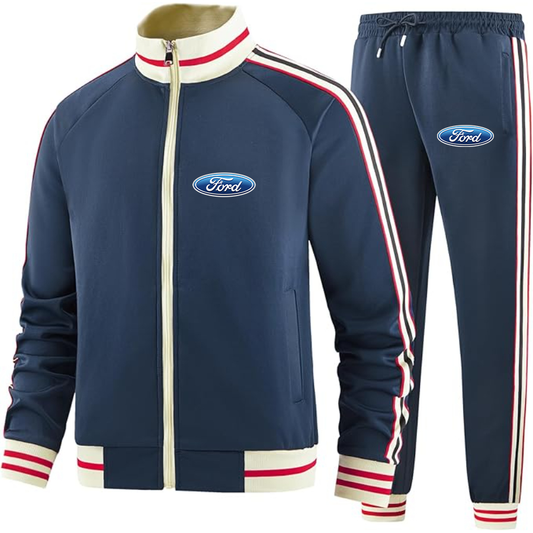 Men's Ford Car - Premium Two-Piece Designer Tracksuit with Bold Striped Accents and Zippered Front - Elevated Athletic Wear