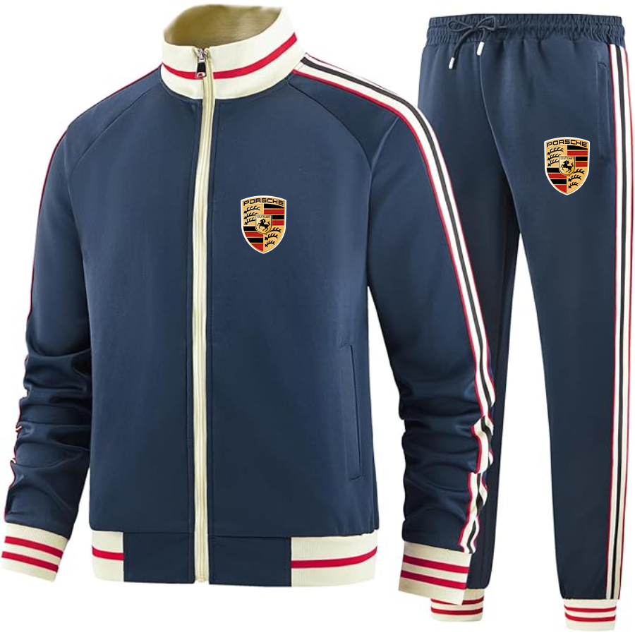 Men's Porsche Car - Premium Two-Piece Designer Tracksuit with Bold Striped Accents and Zippered Front - Elevated Athletic Wear