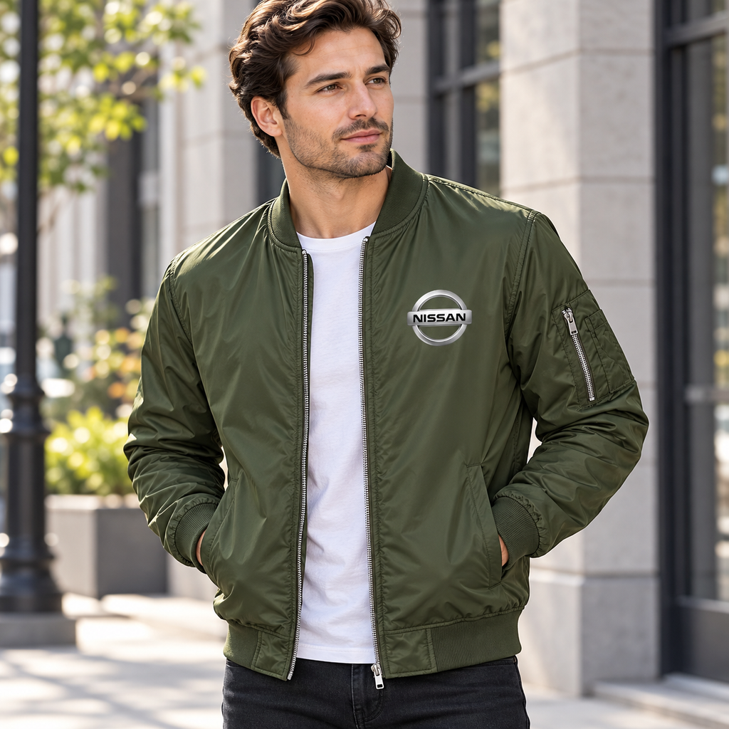 Nissan army green bomber jacket model lifestyle view | color: army green |