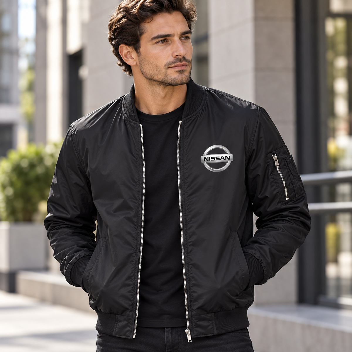 Nissan black bomber jacket model lifestyle view | color: black |
