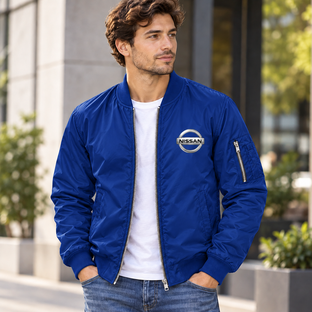 Nissan blue bomber jacket model lifestyle view | color: blue |