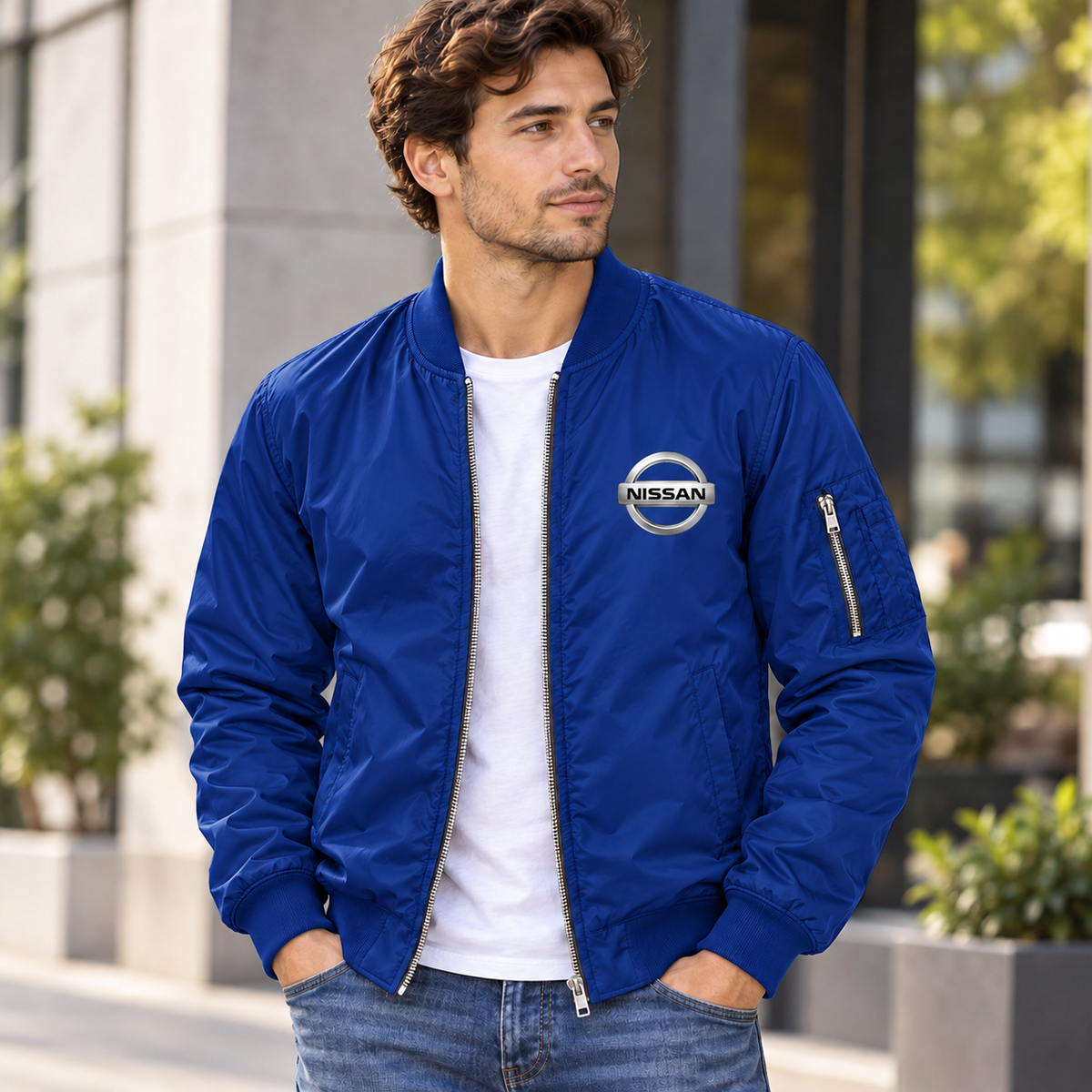 Nissan blue bomber jacket model lifestyle view | color: blue |