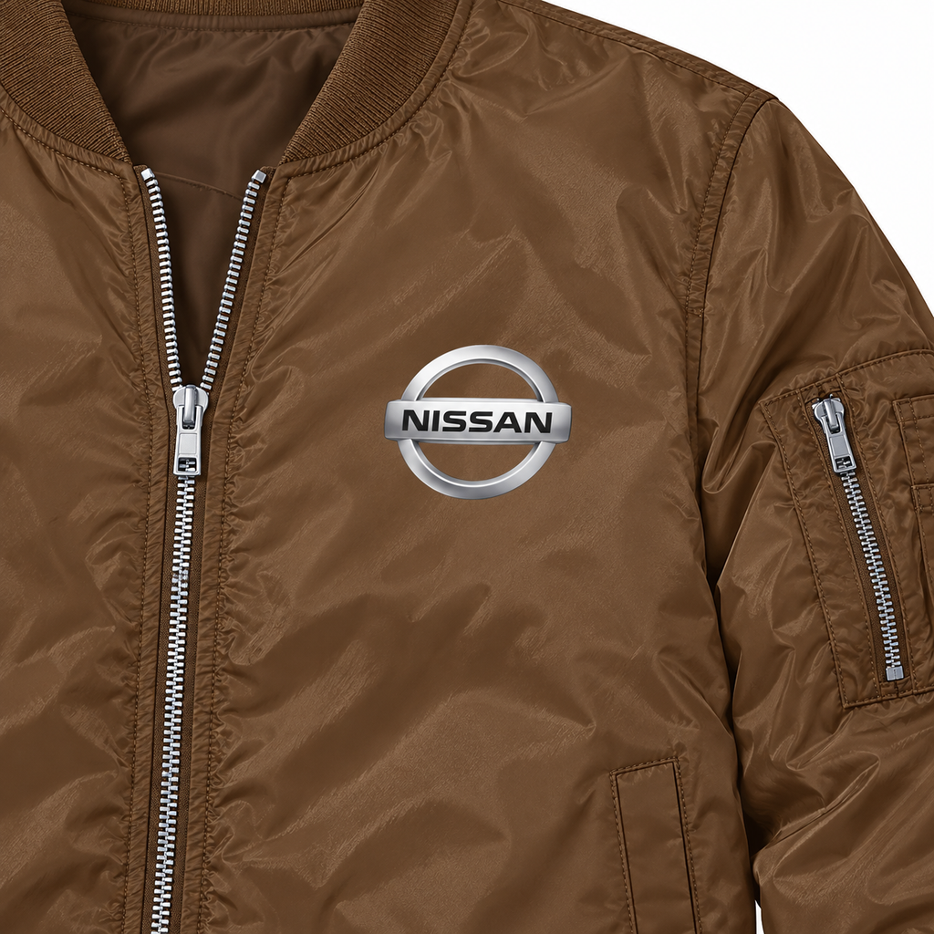 Nissan brown bomber jacket chest print detail | color: brown |