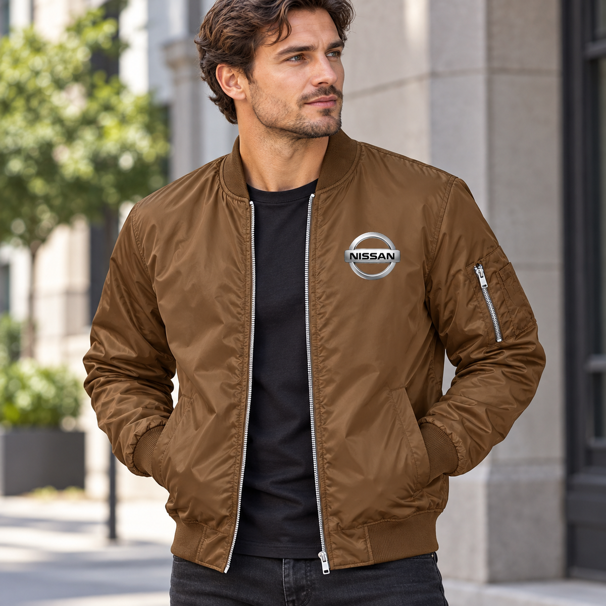 Nissan brown bomber jacket model lifestyle view | color: brown |